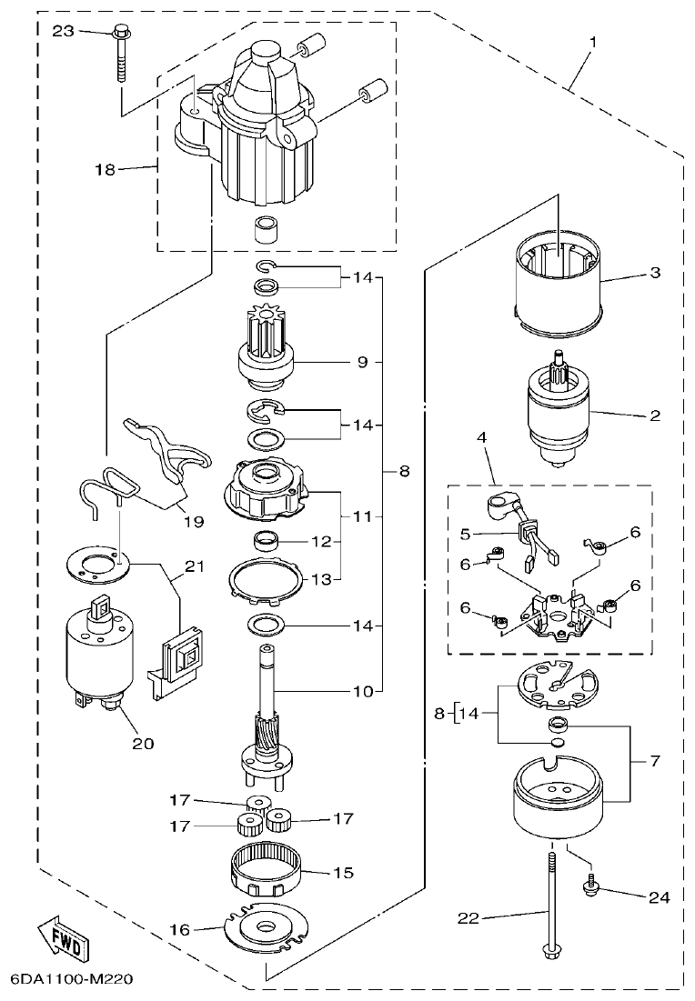 Yamaha F130AET, FL130AET STARTING MOTOR parts diagram